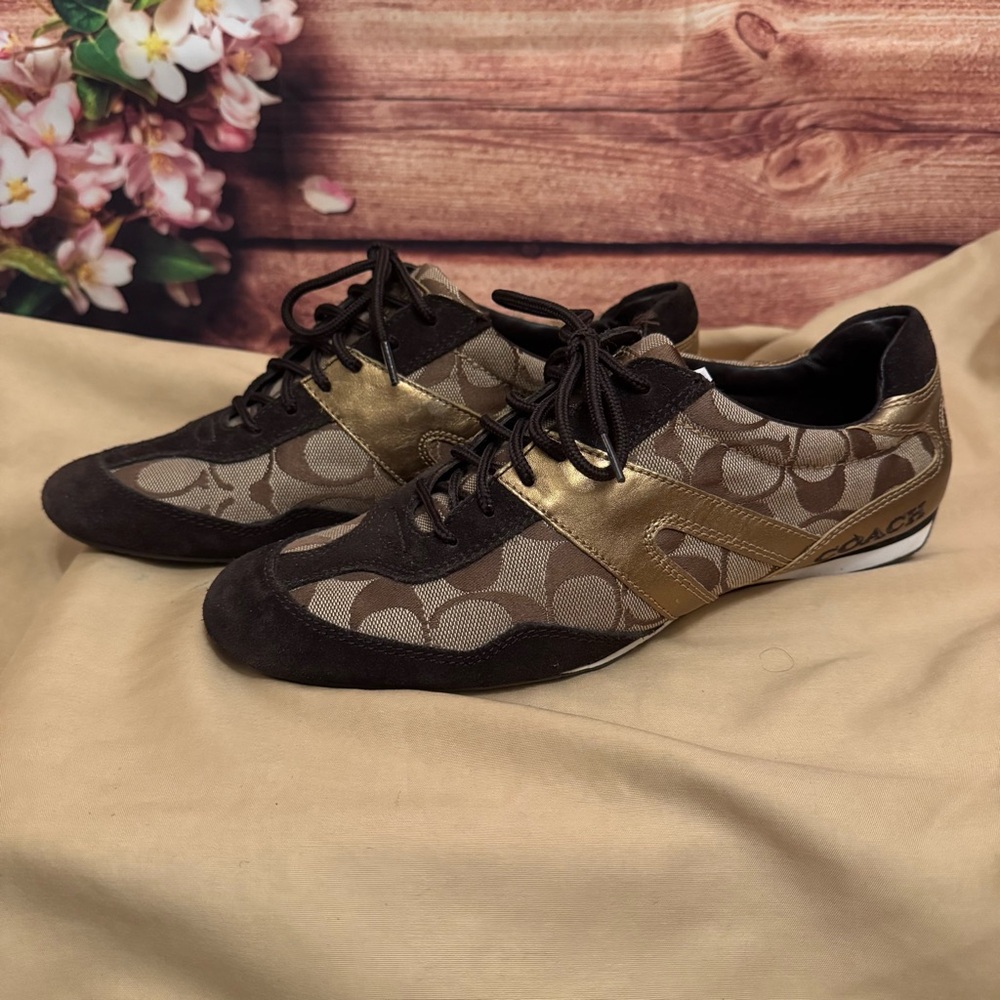 Coach Brown Signature Monogram Lace-Up Sneakers with Black Suede - Picture 3 of 8